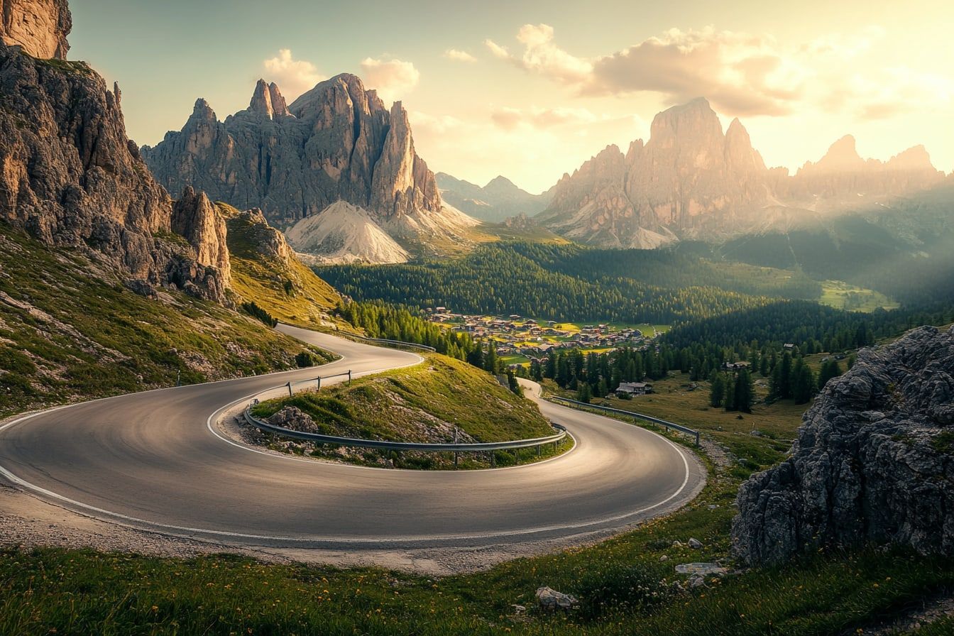 A lone motorcyclist on a sunlit Dolomites road with tall pale-rock peaks rising above green meadows (illustrative)