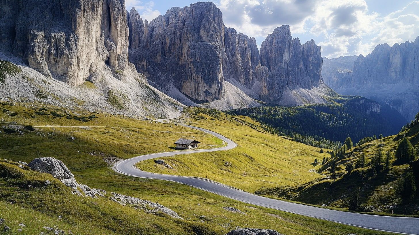 A sweeping S-bend road cutting through a lush Dolomite valley flanked by dramatic rock spires (illustrative)