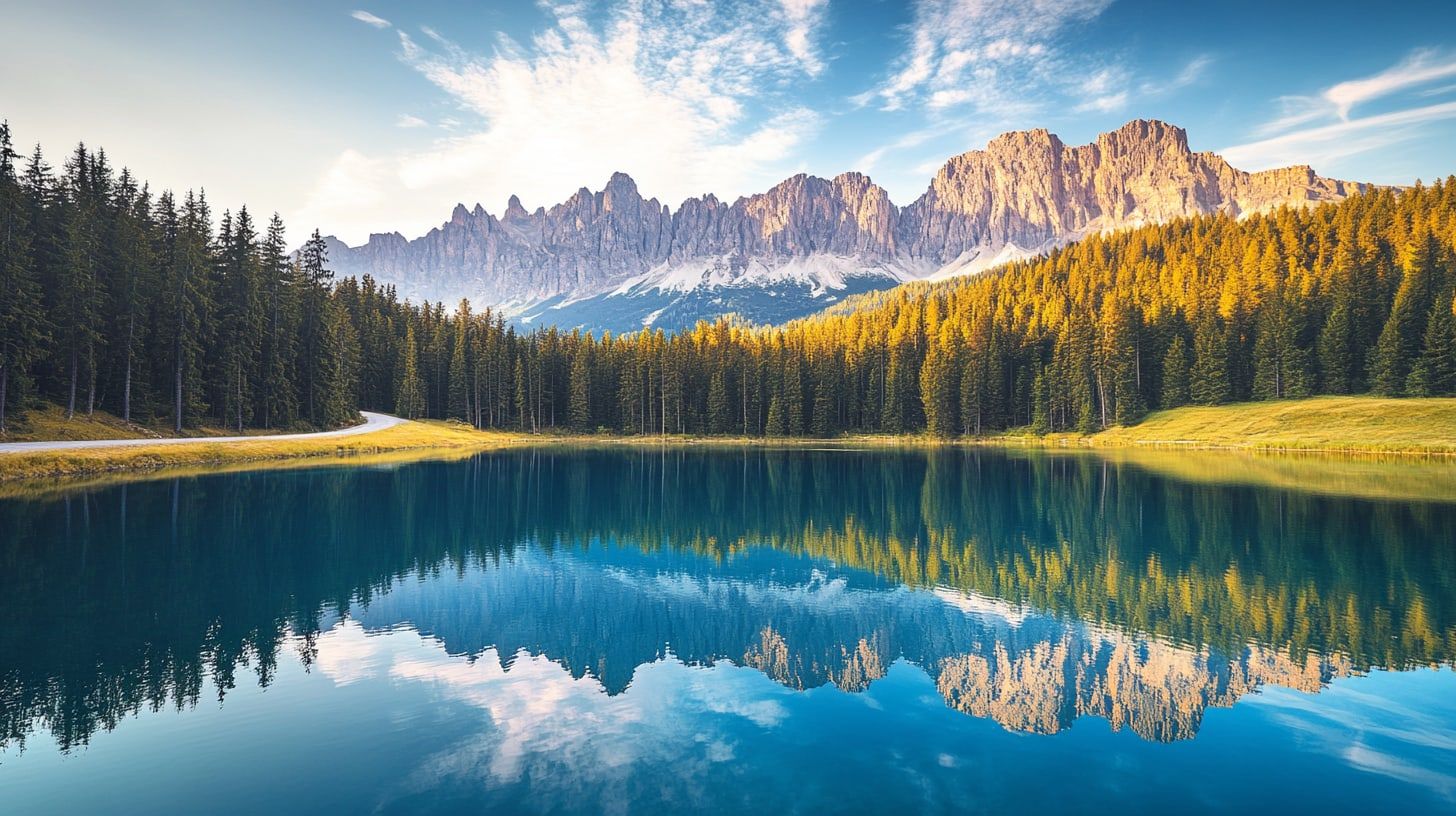 A turquoise alpine lake perfectly reflecting a pine-forested Dolomite ridge in morning light (illustrative)