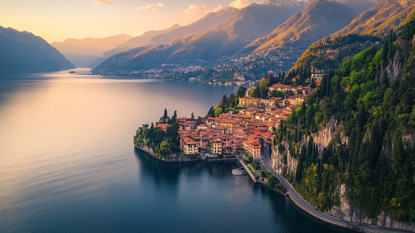 Aerial view of a historic lakeside village on a tree-covered headland of Lake Como at dusk (illustrative)