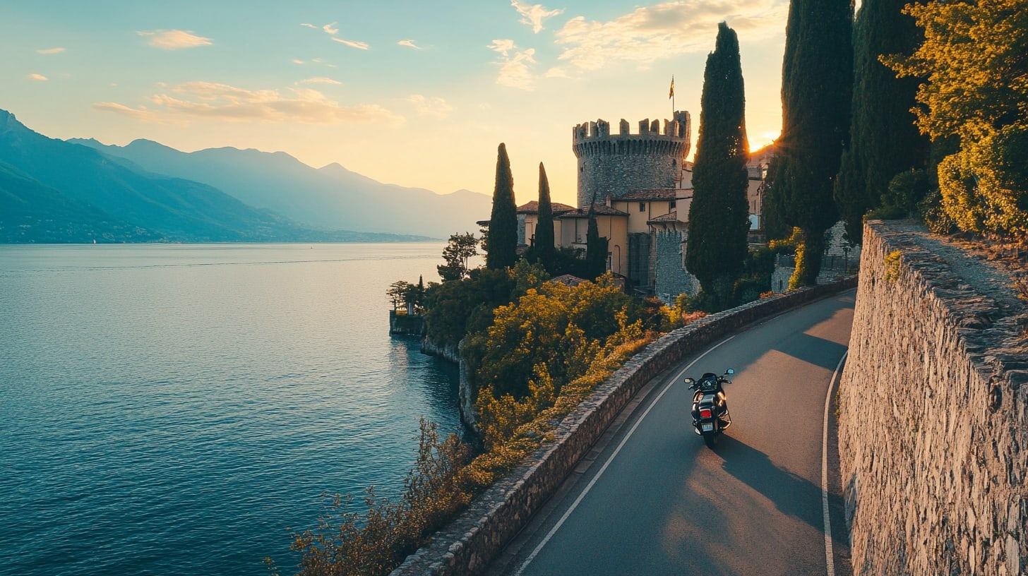 A motorcyclist on a lakeside road passing a medieval castle tower above Lake Garda at golden hour (illustrative)