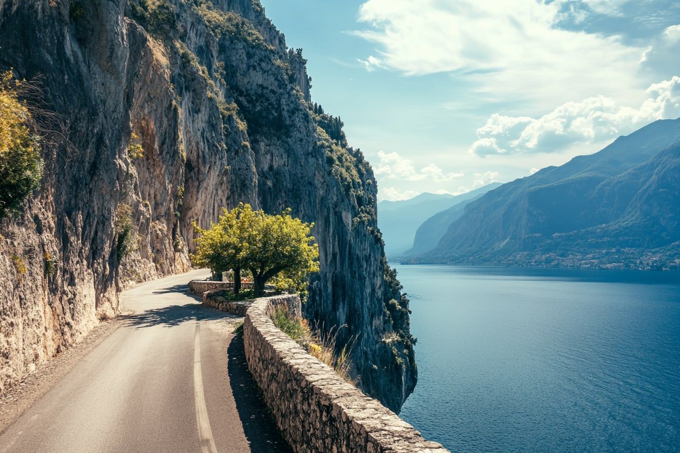 A narrow road hugging the cliffside above Lake Garda with cypress trees and a village below (illustrative)