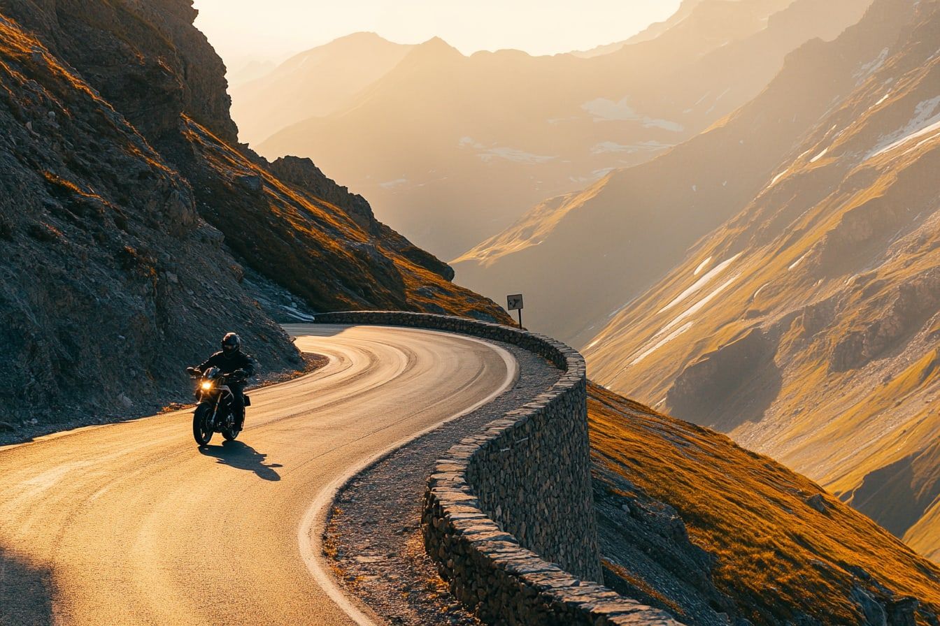 A motorcyclist cresting a high-altitude alpine pass with snow-dusted ridges in the distance (illustrative)