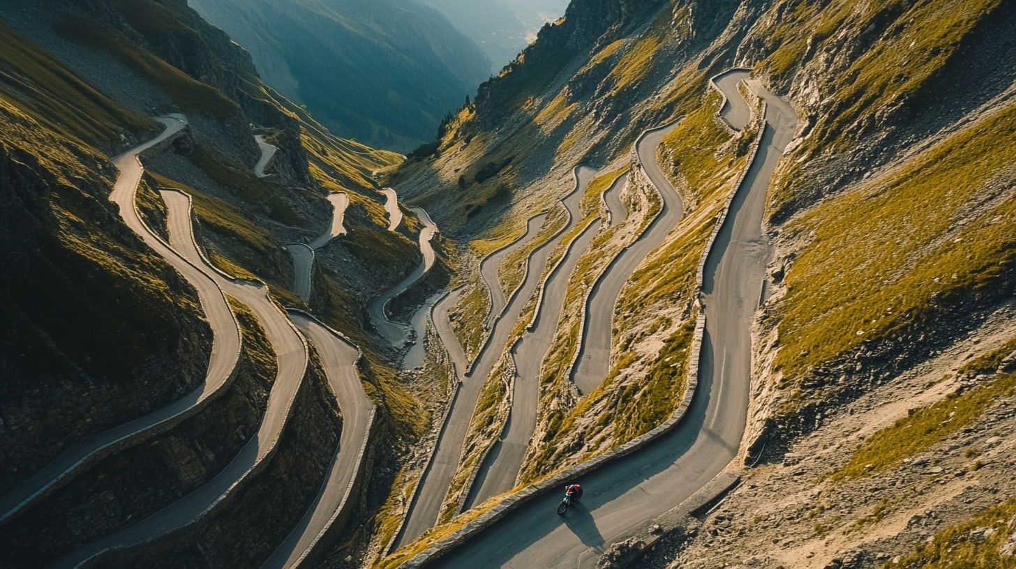 Aerial view of dozens of stacked switchbacks descending a high alpine pass, a motorcycle visible below (illustrative)