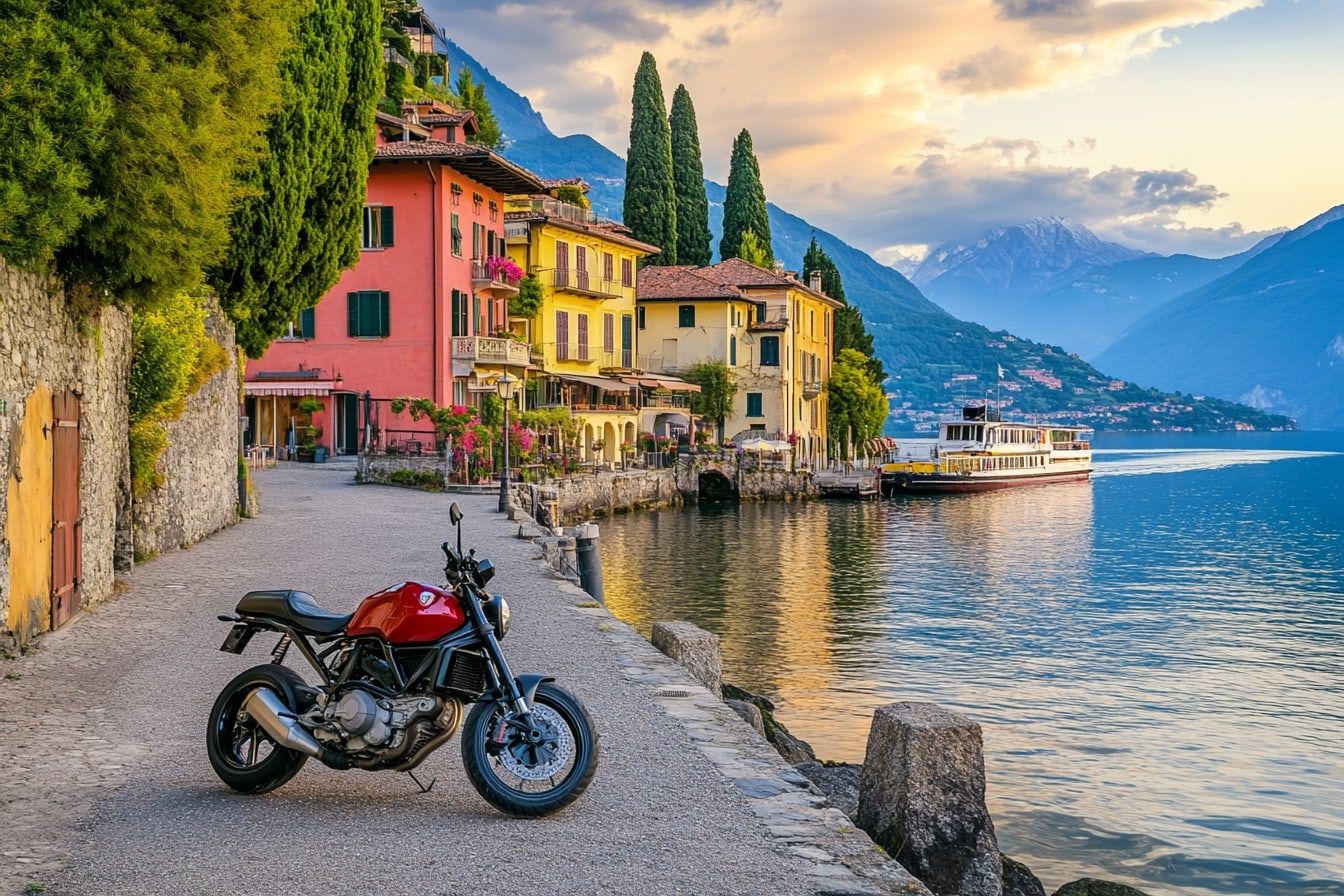 A terracotta-roofed village cascading down to a deep-blue Lake Como cove, mountains behind (illustrative)