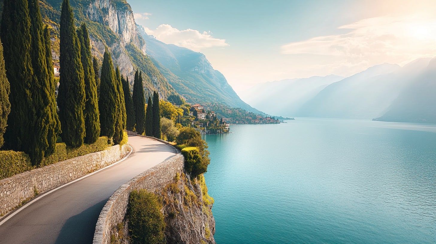A lakeside road lined with cypress trees under bright summer skies beside vivid blue water (illustrative)