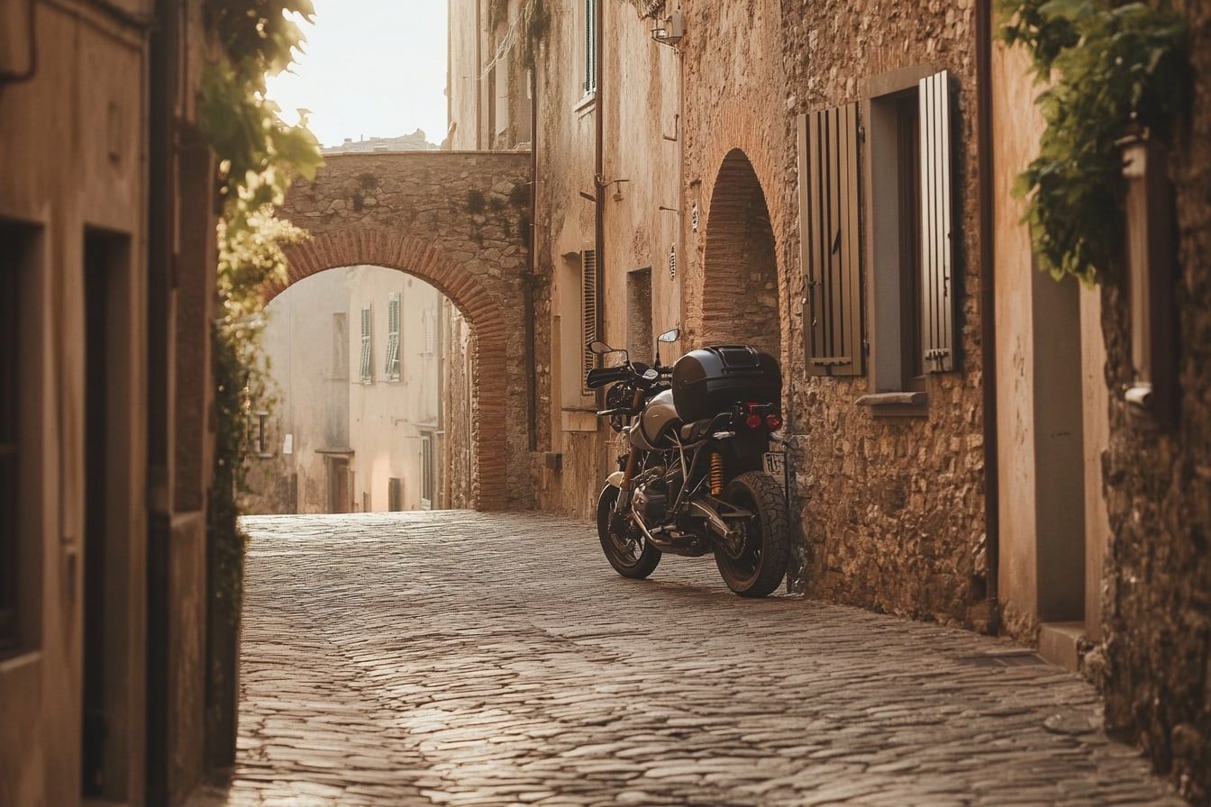 A narrow cobblestone street through a hilltop Italian village with arched facades (illustrative)