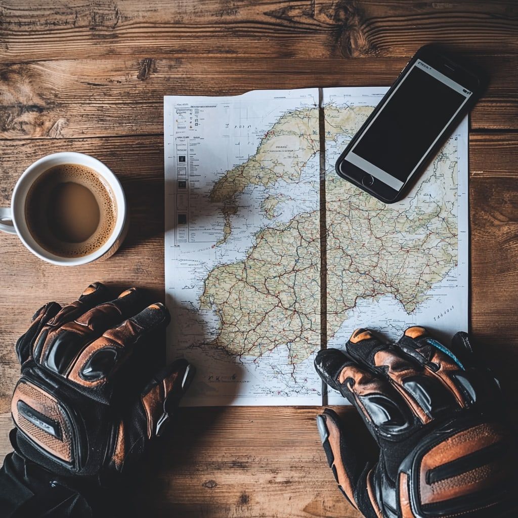 A flat-lay of a motorcycle trip plan — map, phone with route, gloves, and a coffee (illustrative)