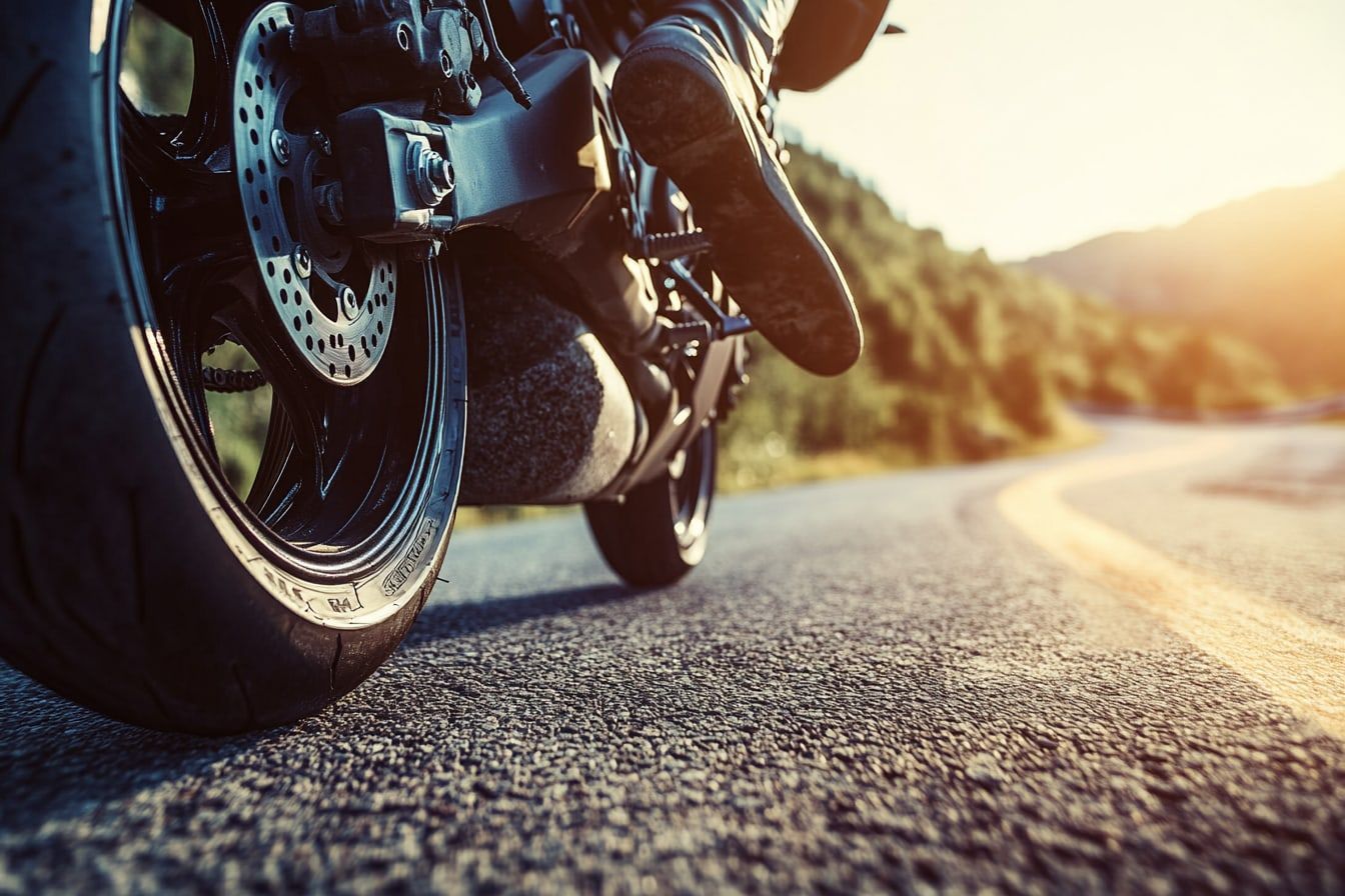 Close-up of a motorcycle wheel and engine against a blurred alpine road backdrop (illustrative)